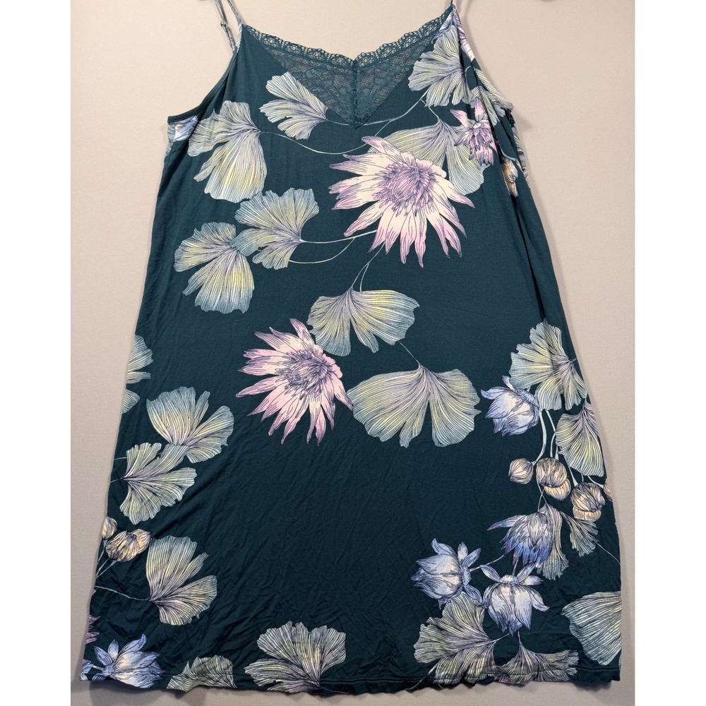 Soma Teal Green Floral Lace Trim Sleep Chemise Nightgown Adjustable Straps M